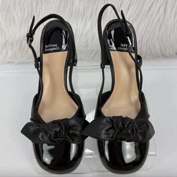 Jeffrey Campbell Baby Doll Knot Bow‎ Block Heels Chunky Black Patent Slingback - Picture 2 of 16